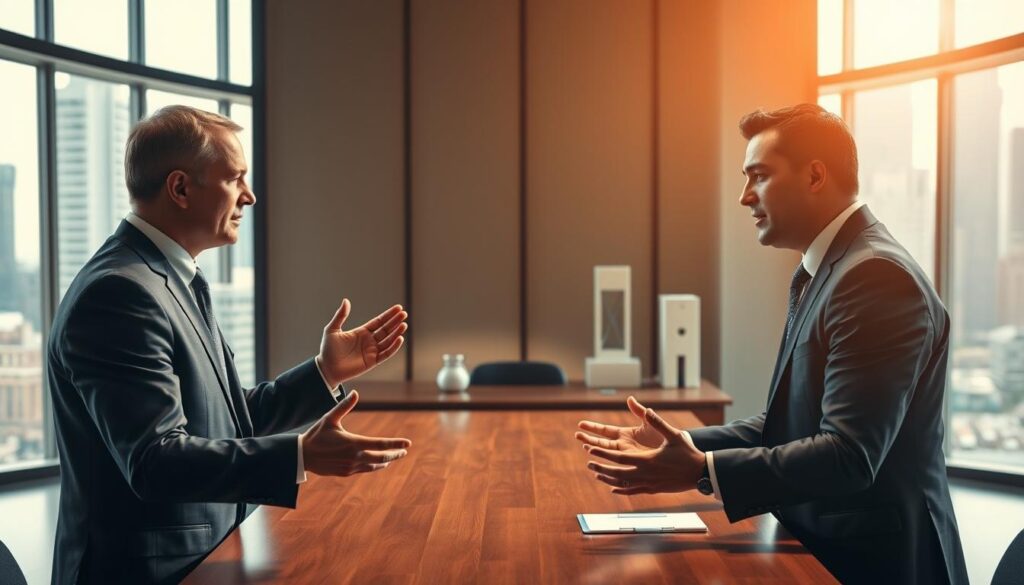 A business negotiation scene in a modern office setting. In the foreground, two professionals in suits are engaged in a tense discussion, gesturing emphatically as they exchange counteroffers. Behind them, a large, imposing wooden desk dominates the middle ground, reflecting the high-stakes nature of the negotiation. The background features floor-to-ceiling windows overlooking a bustling cityscape, conveying a sense of urban sophistication. The lighting is warm and directional, creating dramatic shadows and highlights that accentuate the gravity of the situation. The overall mood is one of high-stakes decision-making, with a touch of unease as the negotiators navigate the delicate process of reaching an agreement.