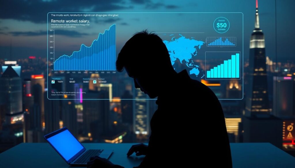 A bustling city skyline, dimmed by the soft glow of evening lights, serves as the backdrop for a dynamic visualization of remote work salary trends. In the foreground, holographic graphs and charts float above a sleek, minimalist desk, their vibrant colors and fluid animations highlighting the rise and fall of global compensation data. A lone professional, silhouetted by the screen's blue-tinted illumination, contemplates the insights, their face cast in an pensive expression. The scene is captured through a wide-angle lens, creating a sense of depth and emphasizing the interplay between the digital and physical realms, reflecting the evolving nature of the modern workplace.