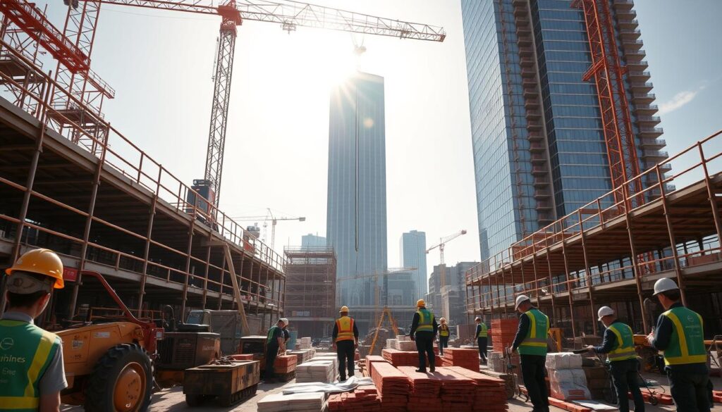 A bustling construction site at midday, sunlight streaming through the scaffolding. In the foreground, a team of hardhat-wearing workers diligently operate heavy machinery, cranes towering overhead. The middle ground features tradesmen laying bricks, welding steel beams, and measuring blueprints. In the background, a modern high-rise takes shape, its sleek glass facade reflecting the activity below. The scene conveys a sense of skilled collaboration, technological sophistication, and the dynamic energy of a thriving construction industry.