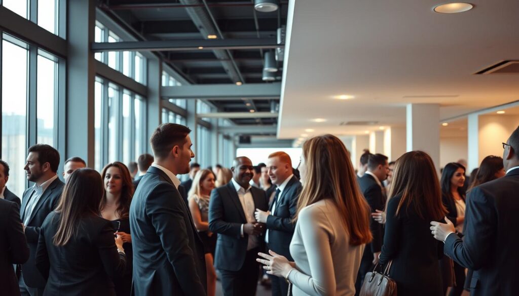 A bustling professional networking event in a modern, open-plan office setting. In the foreground, a group of well-dressed individuals engage in animated conversations, their expressions reflecting focused attention and genuine interest. The middle ground features a mix of formal and casual attire, people shaking hands, exchanging business cards, and discussing opportunities. The background showcases floor-to-ceiling windows, allowing natural light to flood the space and create a sense of warmth and productivity. Subtle, ambient lighting sets the tone, while the clean, minimalist decor provides a sleek, contemporary atmosphere conducive to meaningful connections and career advancement.