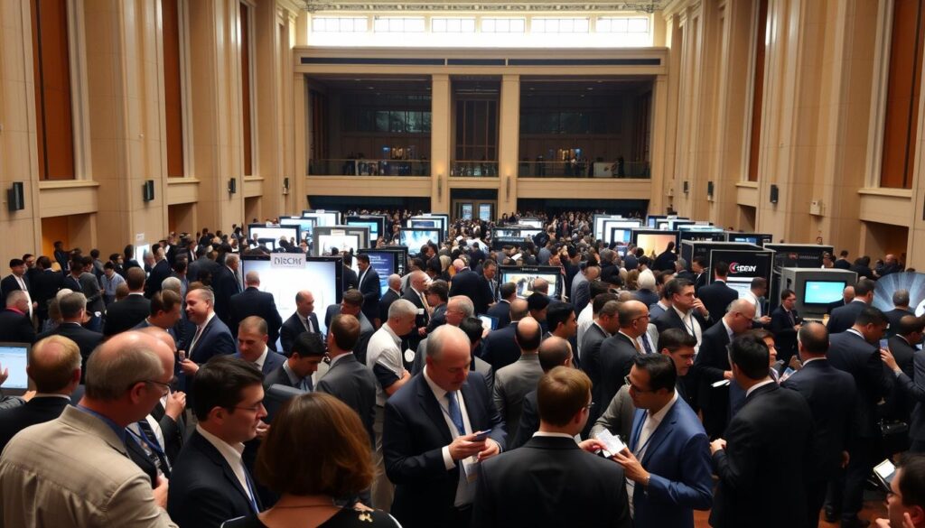 A bustling telecom industry conference, the foreground dominated by professionals in business attire engaged in animated discussions, hands gesturing as they exchange business cards and network. In the middle ground, clusters of attendees huddle around exhibit booths showcasing the latest telecom technologies, their faces illuminated by the soft glow of digital displays. The background reveals the grand architecture of the conference hall, high ceilings and expansive windows allowing natural light to filter in, creating a warm, professional atmosphere conducive to making invaluable industry connections.