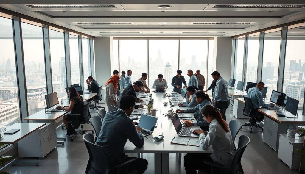 A busy Indian e-commerce office, with employees collaborating at modern desks. Bright natural lighting streams through large windows, illuminating the sleek, minimalist decor. In the foreground, professionals wearing business attire review reports on their laptops, while in the middle ground, teams huddle around a large conference table, discussing new growth strategies. In the background, the office's skyline view showcases the bustling city of Mumbai. The atmosphere conveys a sense of innovation, productivity, and the unprecedented growth of India's thriving e-commerce sector.