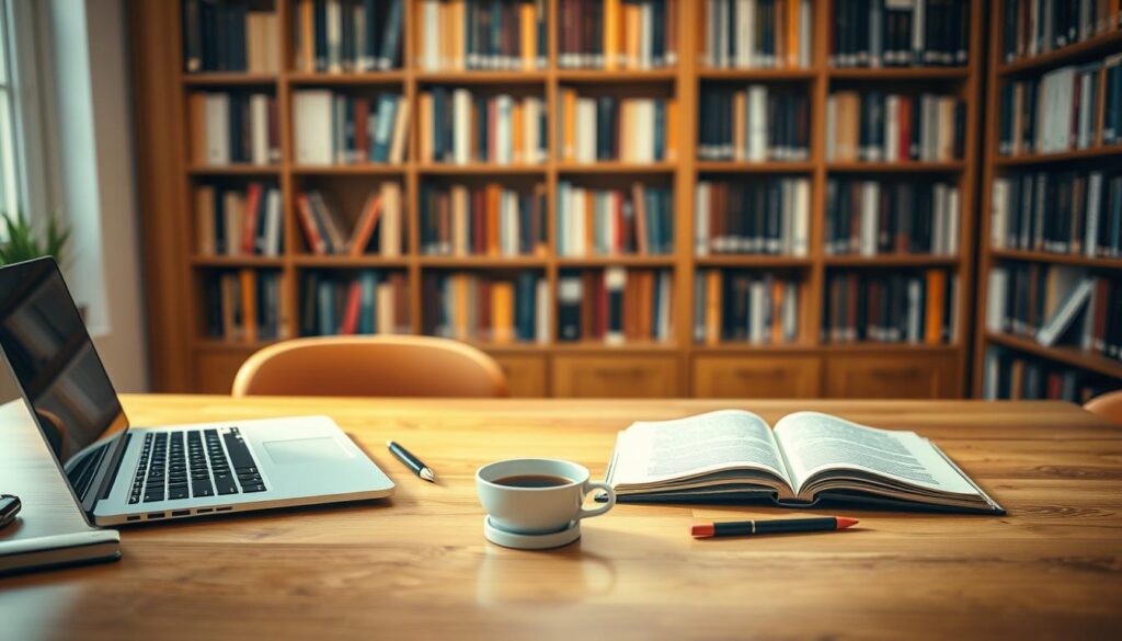 A cozy study space with a large wooden desk, a laptop, and an open book. Soft, warm lighting illuminates the scene, creating a contemplative atmosphere. On the desk, various stationery items and a cup of coffee suggest a dedicated student or professional engaged in continuous learning. The background features bookshelves filled with volumes, hinting at a wealth of knowledge available. The overall composition conveys a sense of focus, commitment, and the pursuit of personal and professional growth through ongoing education and skill development.