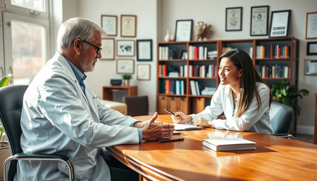 A cozy, well-lit office setting with a seasoned healthcare professional mentoring a young, aspiring clinician. The mentor, dressed in a crisp white lab coat, sits across a polished wooden desk, offering guidance and advice through an engaging discussion. The mentee, leaning forward intently, takes notes, eyes filled with curiosity and determination. In the background, a wall of bookshelves and certificates, hinting at the mentor's extensive experience and expertise. Soft, warm lighting filters through large windows, creating a sense of openness and collaboration. The overall atmosphere conveys the power of mentorship in healthcare career advancement.