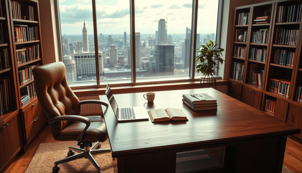 A cozy, well-lit office space with a large wooden desk, a plush executive chair, and bookshelves lining the walls. On the desk, an open laptop, a stack of books, and a cup of coffee, symbolizing continuous learning and professional development. A large window in the background offers a picturesque view of a city skyline, hinting at the potential for career advancement. The lighting is warm and inviting, creating a sense of focus and productivity. The overall atmosphere is one of growth, ambition, and a commitment to lifelong learning.