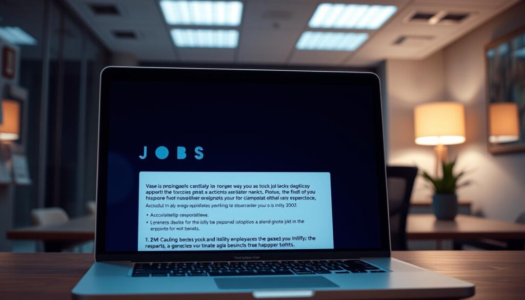 A deceptive job post presented as an inviting opportunity, with a sleek, modern layout and carefully crafted language to lure unsuspecting candidates. In the foreground, a laptop screen displays the job ad, featuring vague responsibilities, inflated salaries, and unrealistic benefits. The middle ground shows an impersonal, corporate office setting, with a desk, chair, and a potted plant, creating an illusion of professionalism. The background is dimly lit, casting an air of deception and uncertainty, hinting at the true nature of the employer's intentions. The scene is lit with a cool, fluorescent glow, highlighting the clinical, impersonal atmosphere. The overall mood is one of false promises and the potential for exploitation.