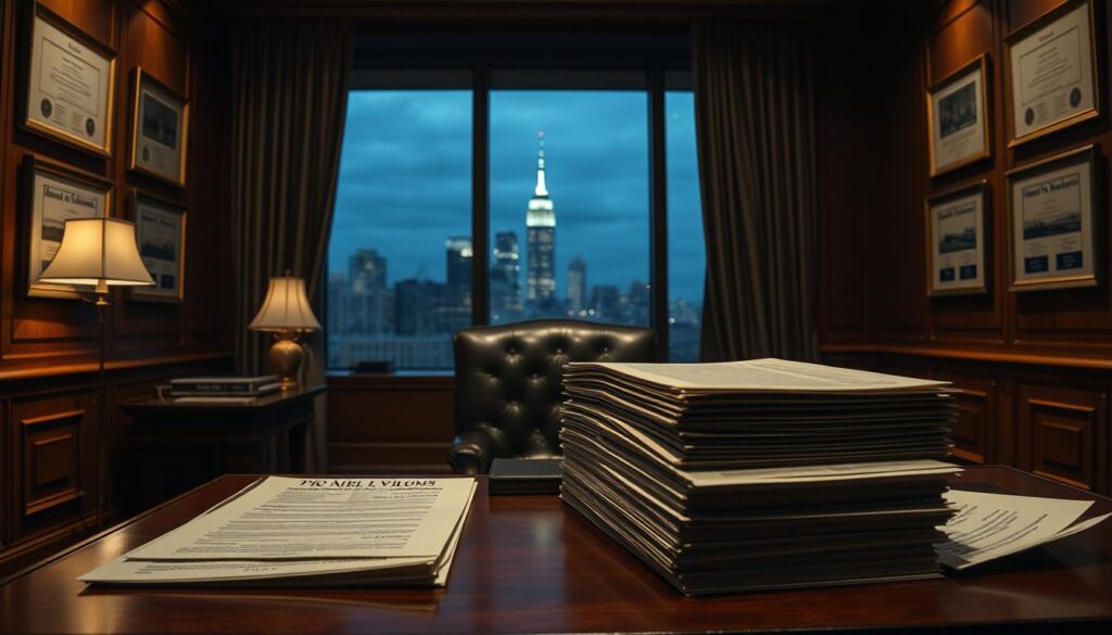 A dimly lit executive office, the walls adorned with wood paneling and framed degrees. On the mahogany desk, a meticulously organized stack of documents, each detailing hidden bonuses, offshore accounts, and other clandestine compensation details. The lighting is soft, casting a warm glow that hints at the secrets within. In the background, the city skyline is visible through the large window, a subtle reminder of the power and influence wielded by those who occupy this space. The mood is one of exclusivity, of a world hidden from the public eye, where the rules of the common worker do not apply.