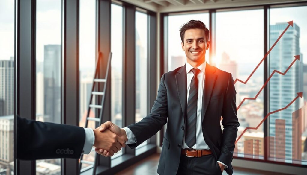 A dynamic business executive standing confidently in a modern office, overlooking a bustling cityscape through large windows. Soft, directional lighting accentuates the protagonist's sharp suit and determined expression, radiating a sense of ambition and growth. In the foreground, a handshake between two professionals symbolizes the power of networking, while in the background, various career ladders and ascending graphs suggest pathways to advancement. The scene conveys a mood of opportunity, possibility, and the potential for a transformative next step in one's professional journey.