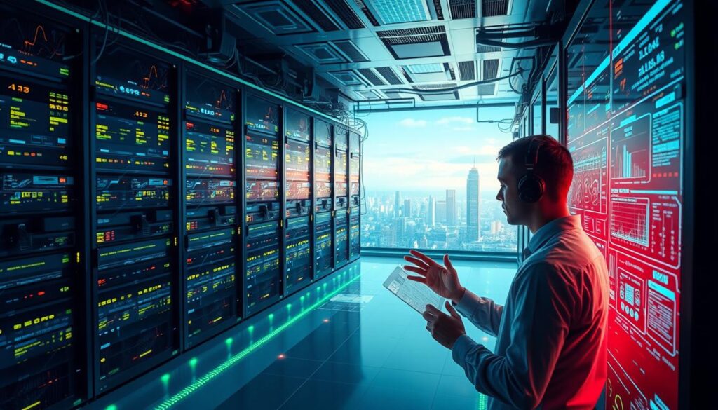 A futuristic data center filled with glowing server racks, data cables snaking across the floor, and holographic visualizations of complex algorithms. In the foreground, a data engineer intently studying a touchscreen interface, hands gesturing as they analyze insights from a vast sea of data. Soft blue and green lighting cast an ethereal glow, conveying the power and importance of the work being done. The background is a panoramic view of a thriving, high-tech cityscape, hinting at the scale and impact of the data engineering field. The overall atmosphere is one of innovation, technological mastery, and the shaping of the information age.