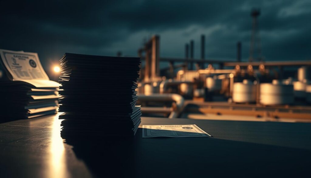 A high-contrast, cinematic image of oil and gas industry certifications displayed on a dark, moody background. In the foreground, various certification documents, seals, and stamps are stacked and arranged meticulously, casting dramatic shadows. The middle ground features a subtle, reflective surface, evoking the glossy sheen of oil. In the background, a blurred, industrial landscape of pipelines, storage tanks, and steel structures creates a sense of scale and context. Dramatic, side lighting illuminates the certifications, emphasizing their importance and authority. The overall atmosphere is one of professionalism, expertise, and the high-stakes nature of the oil and gas industry.