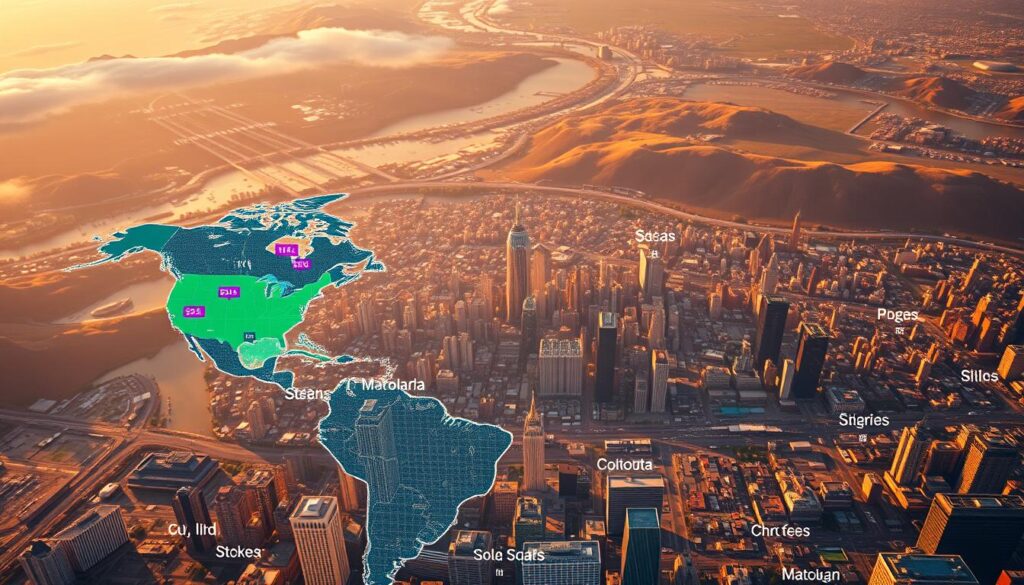 A high-resolution aerial view of the North American continent, showcasing the diverse salary trends across the region. The foreground features a detailed map highlighting the key economic hubs, with vibrant color-coded data visualizations representing the average salaries in major cities. The middle ground depicts the bustling metropolitan landscapes, with skyscrapers and infrastructure reflecting the economic prosperity. The background gently fades into the horizon, blending the natural landscapes and the man-made environments. The scene is illuminated by a warm, golden light, creating a sense of optimism and growth. The overall composition conveys a comprehensive, data-driven perspective on the regional salary dynamics in North America.