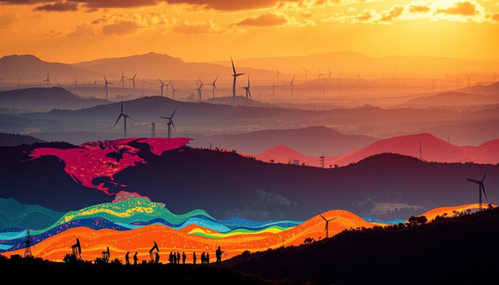 A lush, data-driven landscape depicting geographic salary variances in the energy industry. In the foreground, a vibrant heatmap showcases regional pay differences, with pockets of high-earning hubs and lower-paying areas. The middle ground features silhouettes of energy workers in various roles, their salaries represented by the intensity of their auras. In the background, a sweeping panorama of energy infrastructure - oil rigs, wind turbines, and solar farms - all contributing to the dynamic, ever-evolving energy ecosystem. The scene is bathed in a warm, golden light, conveying a sense of opportunity and growth in this rapidly transforming industry. A visually captivating representation of the complex interplay between location, job function, and compensation trends shaping the future of energy careers.