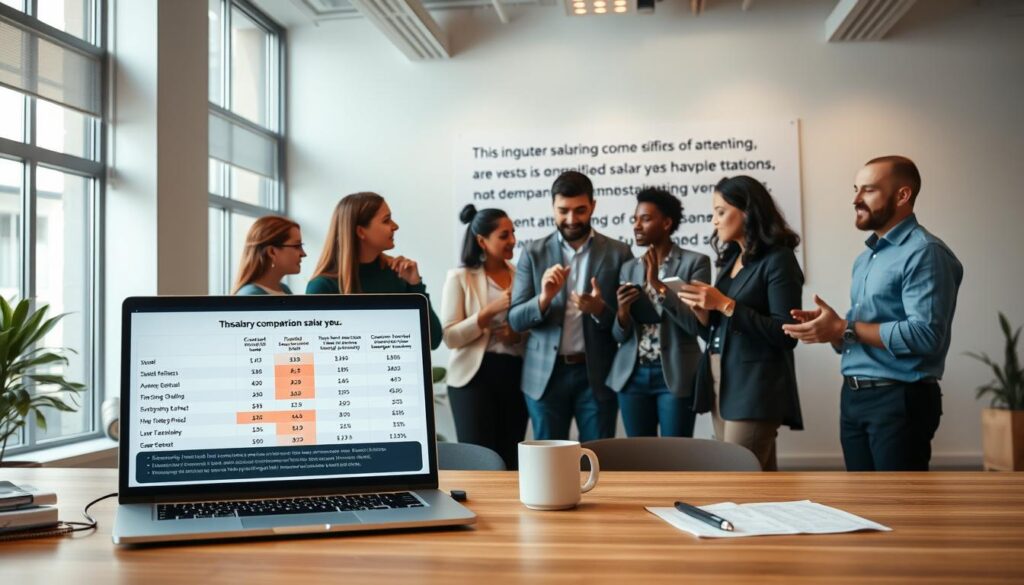 A modern office space with large windows, warm lighting, and a clean, minimalist aesthetic. In the foreground, a desk with a laptop, a mug, and a few office supplies. On the desk, a detailed salary comparison chart displayed on the laptop screen, showing the differences in compensation and benefits between various companies in the same industry. In the middle ground, employees of diverse backgrounds engaged in discussion, gesticulating and examining the chart together. In the background, a large company logo and mission statement displayed on the wall, creating a sense of corporate culture and values. The overall mood is one of thoughtful analysis and transparent dialogue around salary and compensation.