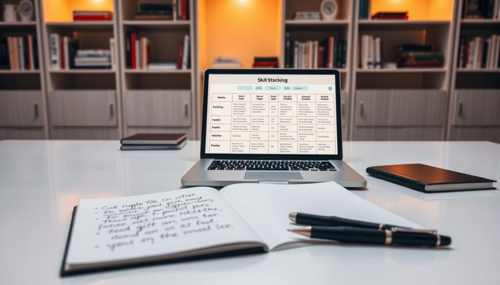 A neatly organized skill stacking plan laid out on a clean, minimalist desk. In the foreground, a notebook with handwritten notes and a pen, representing the personalized nature of the plan. The middle ground features a laptop displaying a skills matrix, with columns for different skillsets and rows for levels of proficiency. In the background, shelves hold relevant books and resources, casting warm, focused lighting on the scene. The overall mood is one of intentionality, structure, and a clear path towards developing a versatile, high-value skillset.
