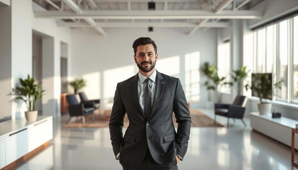 A professional business person standing confidently in a modern office, wearing a well-tailored suit and a confident expression. The background is a minimalist, chic workspace with clean lines, sleek furniture, and large windows letting in natural light. Soft shadows create depth and dimension, while the overall mood is one of sophistication, competence, and personal brand identity. The composition places the subject in the center, with the workspace elements framing them to create a sense of balance and intentionality.