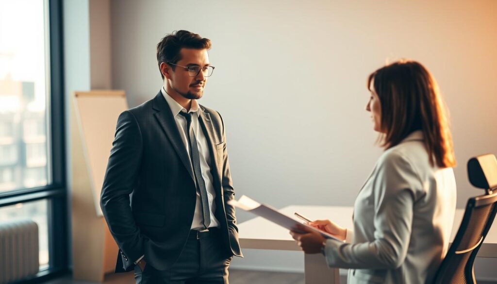 A professional business person stands in a modern office, confidently negotiating their salary with a company representative. The scene is bathed in warm, natural lighting, creating a focused, serious atmosphere. The executive's body language conveys assertiveness and poise, while the representative listens intently, papers in hand. In the background, a sleek, minimalist desk and ergonomic chair suggest an upscale corporate environment. The composition emphasizes the negotiation process, with the two figures engaged in a pivotal career discussion.