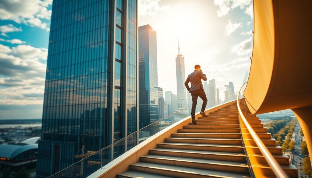 A professional businessperson ascending a winding staircase, symbolizing their career advancement. The steps are illuminated by warm, golden light, casting a sense of progress and achievement. In the middle ground, a sleek, modern office building rises, its glass facade reflecting the sky. In the background, a cityscape of towering skyscrapers and bustling streets, suggesting the broader context of a thriving urban environment. The figure moves with purpose, their silhouette confident and determined, capturing the transformative nature of this pivotal moment in their career trajectory.