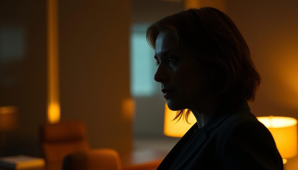 A professional businesswoman stands in a dimly lit office, deep in thought as she contemplates her next move in a salary negotiation. The scene is captured in a cinematic low-angle view, the subject's face partially obscured by shadows, conveying a sense of tension and uncertainty. Warm, focused lighting illuminates her from the side, casting dramatic shadows and highlighting the gravity of the situation. The background is blurred, with the faint outline of a desk and chair visible, suggesting the setting of a private meeting. The mood is one of deliberation and high stakes, as the woman weighs her options and prepares to make a strategic decision that could impact her financial future.