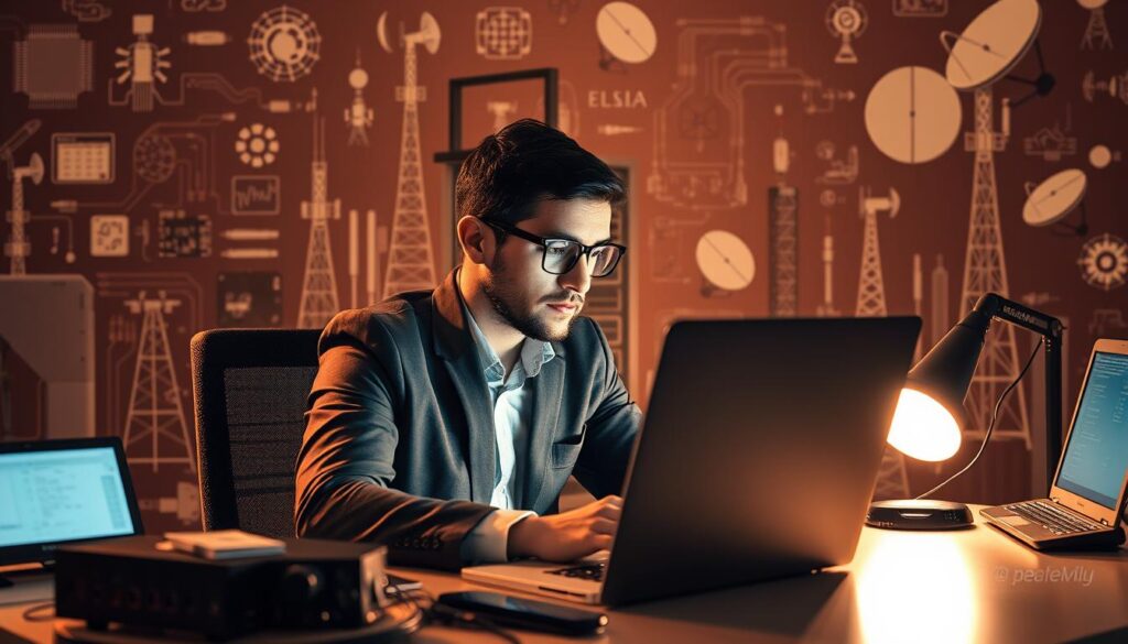 A professional individual sitting at a desk, intently focused on a laptop screen, surrounded by various digital devices and networking equipment. The scene is illuminated by a warm, directional light, creating a focused and contemplative atmosphere. The background features an array of telecommunication-related imagery, such as circuit boards, towers, and satellite dishes, hinting at the individual's specialized field of work. The overall composition conveys a sense of strategic planning and leveraging online platforms to advance one's career in the telecom industry.