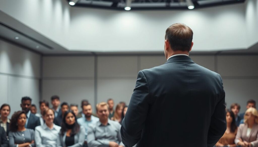 A professional leader stands confidently on a stage, facing a large audience. Soft lighting from above illuminates their face, conveying a sense of authority and charisma. In the middle ground, a group of people listen intently, their posture reflecting engagement and respect. The background features a modern, minimalist setting with clean lines and neutral tones, creating a sense of focus and clarity. The overall mood is one of inspiration and aspiration, showcasing the power of effective leadership skills to drive career advancement.