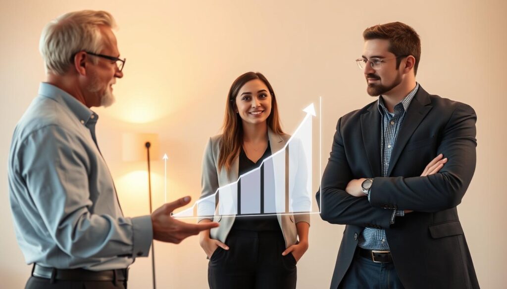 A professional mentor guiding a young professional through a career discussion, with a holographic chart projecting upward salary trajectory. The mentor's hand is outstretched, pointing to the chart, as the mentee listens intently. Warm, ambient lighting casts a golden glow, creating an atmosphere of wisdom and encouragement. The scene is set in a minimalist, contemporary office, with clean lines and muted colors, emphasizing the focus on their conversation. The mentee's expression is one of optimism and determination, reflecting the transformative power of mentorship in achieving financial growth.