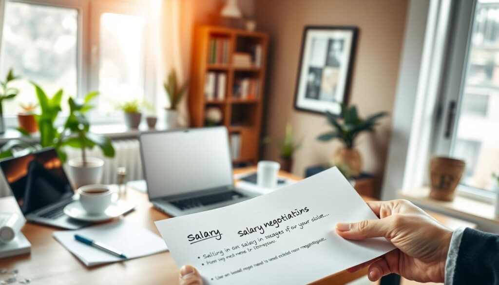 A serene home office scene, bathed in warm, diffused natural light through large windows. On the desk, a laptop, a cup of coffee, and various office supplies neatly arranged. In the foreground, a hand holds a sheet of paper, seemingly reviewing salary negotiation tips scribbled on it. The background showcases a bookshelf, potted plants, and a framed artwork, creating a calming, professional atmosphere. The overall mood is contemplative and focused, inviting the viewer to consider the nuances of salary negotiations.