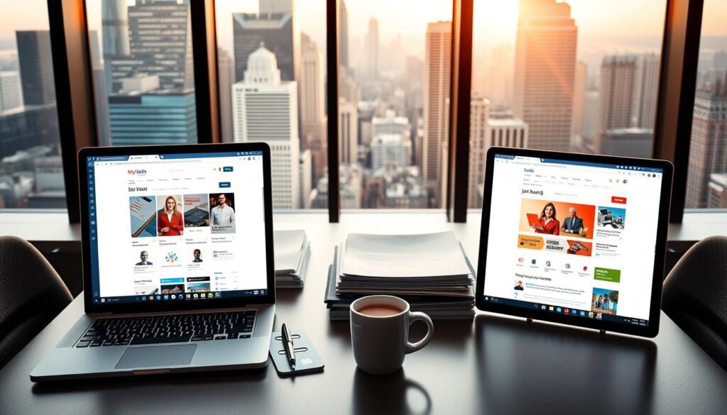 A sleek, modern office setting with a central table displaying various job search websites and platforms. In the foreground, a laptop and smartphone showcase the user interface of popular job boards, highlighting their intuitive design and easy-to-navigate features. The middle ground features neatly arranged folders, documents, and a cup of coffee, creating a productive and professional atmosphere. The background showcases a large window overlooking a bustling city skyline, bathed in warm, natural lighting that fills the room. The overall scene conveys the efficiency, accessibility, and opportunity inherent in leveraging digital job search tools.