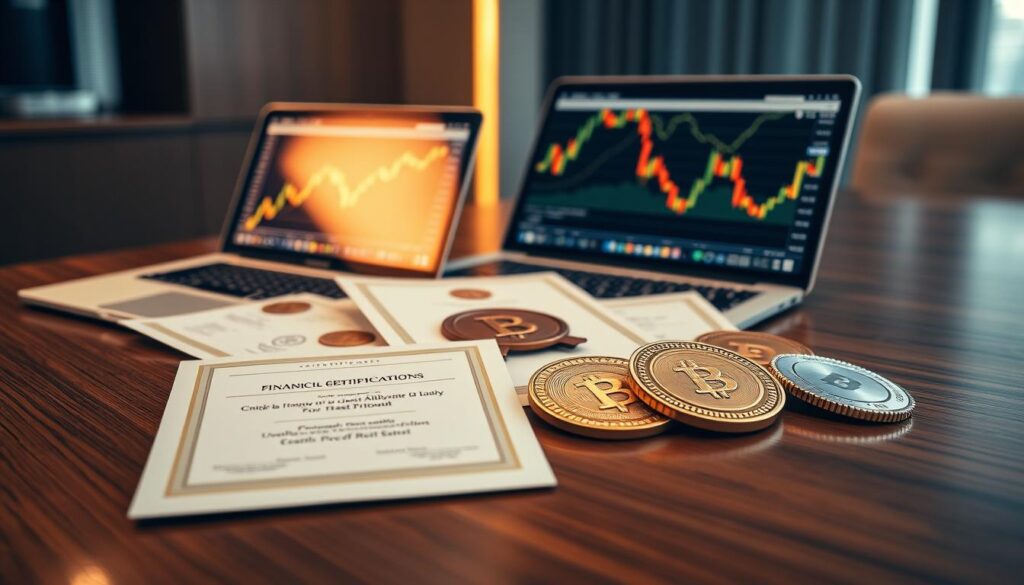 A sleek, modern office space with an elegant wooden desk. On the desk, a collection of financial certifications - gold-embossed certificates, stamped seals, and professional badges. A laptop displays a stock chart in the background, casting a warm glow. Soft, directional lighting illuminates the certifications, highlighting their prestige and importance. The scene conveys a sense of expertise, credibility, and financial acumen, befitting the "Financial Certifications" section of the article.