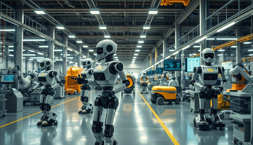 A sleek, state-of-the-art industrial factory floor, bathed in the warm glow of overhead lighting. In the foreground, a team of advanced humanoid robots move in perfect synchronization, seamlessly assembling complex mechanical components. In the middle ground, robotic arms deftly manipulate tools and materials, while autonomous vehicles transport goods with precision. In the background, a network of sensors and data displays monitor the entire operation, providing real-time insights to optimize efficiency. The scene conveys a sense of technological sophistication, efficiency, and the transformative power of robotics in modern manufacturing.