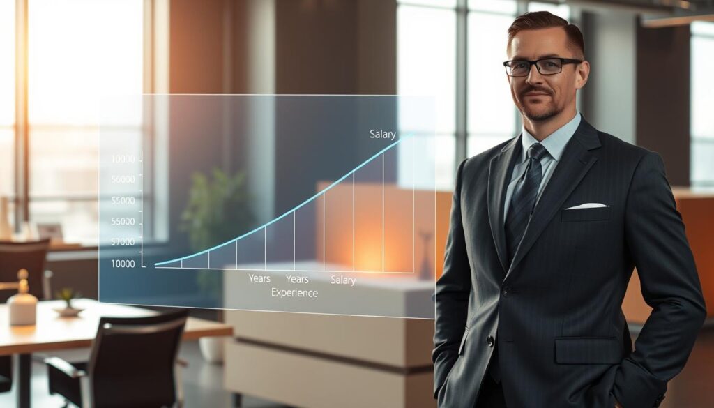 A sophisticated business scene set in a modern office environment. In the foreground, a professional businessman stands confidently, dressed in a sharp suit and tie, symbolizing the importance of experience and expertise. In the middle ground, a holographic display shows a graph depicting the correlation between years of experience and salary levels, emphasizing the role of experience in determining compensation. The background features sleek, minimalist office decor, with large windows letting in warm, natural lighting that casts a subtle glow over the scene. The overall atmosphere conveys a sense of success, progression, and the value of accumulated knowledge and skills.