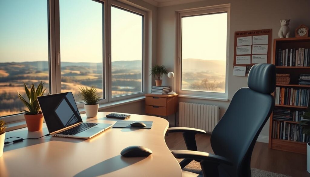 A spacious home office with an ergonomic desk, comfortable chair, and a large window overlooking a scenic countryside. In the foreground, a laptop, wireless mouse, and a potted plant create a minimalist yet productive workspace. Soft, diffused natural lighting filters through the window, casting a warm glow across the room. The middle ground features a bookshelf filled with reference materials, and a bulletin board displaying remote work opportunities and flexible schedules. In the background, a lush, rolling landscape with distant hills sets a serene, contemplative tone, evoking the freedom and work-life balance of remote employment.