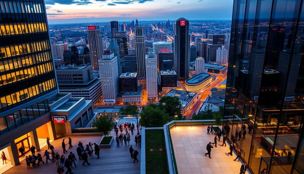 A sprawling city skyline at dusk, illuminated by the warm glow of skyscrapers and street lamps. In the foreground, a bustling sidewalk lined with modern office buildings and banks, people in business attire hurrying to and fro. The middle ground features a sleek, glass-fronted high-rise, its lobby filled with well-dressed professionals navigating the polished marble floors. The background showcases a panoramic view of the financial district, with towering office towers and a network of busy roads. The scene conveys a sense of dynamism, opportunity, and the fast-paced nature of the banking and finance industry.