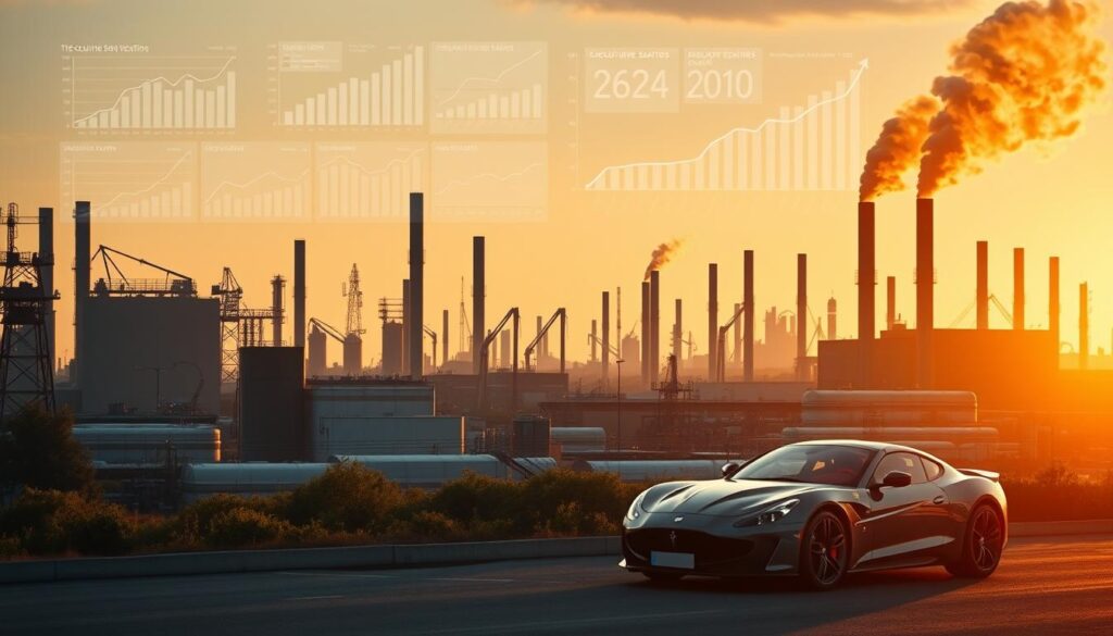 A sprawling industrial landscape, with towering factory silhouettes stretching into the distance. Sleek, modern manufacturing plants stand against a backdrop of data visualizations, charts, and graphs depicting the upward trajectory of executive salaries in the sector. The scene is bathed in a warm, golden light, suggesting an era of prosperity and growth. In the foreground, the imposing facades of the factories are complemented by the elegant curves of luxury automobiles, a symbol of the wealth and success generated by these manufacturing giants. The overall tone is one of power, ambition, and the rewards of innovation and leadership in a thriving industrial economy.