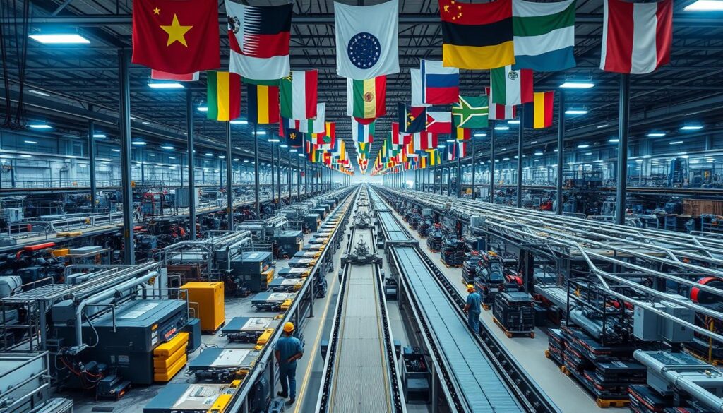 A vast, bustling factory floor with towering machinery and conveyor belts stretching into the distance. Workers in hard hats and protective gear navigate the complex, synchronized dance of global manufacturing. Vibrant flags from diverse nations flutter overhead, symbolizing the international collaboration powering this industrial ecosystem. Bright spotlights cast dramatic shadows, creating a sense of scale and dynamism. The scene conveys the scale, complexity, and cross-border nature of modern manufacturing, where goods and ideas flow seamlessly across borders to meet the demands of a globalized world.