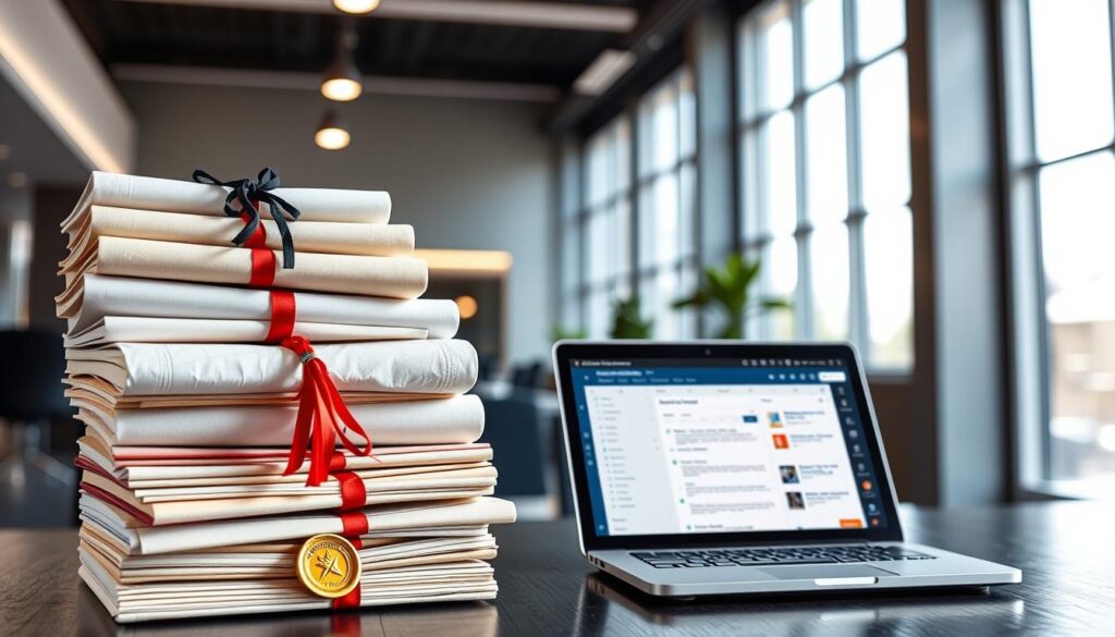 A vibrant and dynamic composition showcasing the importance of certifications and continuous learning. In the foreground, a stack of diplomas, certificates, and badges representing various professional accreditations and ongoing educational achievements. The middle ground features an open laptop displaying online course materials, with a calendar and productivity tools visible, symbolizing the dedication to lifelong learning. The background depicts a sleek, modern office setting, with tall windows allowing natural light to flood the scene, creating a sense of openness and opportunity. The overall tone is one of accomplishment, growth, and the pursuit of career advancement, perfectly encapsulating the theme of "The Role of Certifications and Continuous Learning".