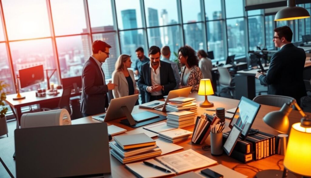A vibrant and dynamic office setting, with a large desk in the foreground showcasing various customer relationship management tools and resources. The middle ground features a team of professionals engaged in active discussions, their faces illuminated by the warm glow of desk lamps. In the background, a modern, open-concept workspace with large windows overlooking a bustling city skyline. The overall scene conveys a sense of professionalism, collaboration, and a focus on delivering exceptional customer service.