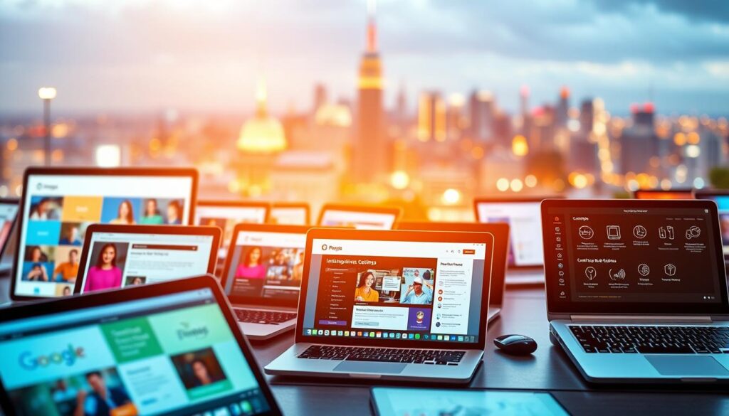 A vibrant and dynamic online learning landscape, featuring a diverse array of intuitive platforms. In the foreground, sleek laptops and tablets display engaging course content, their screens illuminated by warm, natural lighting. The middle ground showcases a range of intuitive user interfaces, with icons, menus, and customizable settings, all designed to enhance the learning experience. In the background, a blurred cityscape suggests a bustling, modern environment, symbolizing the boundless opportunities that these digital learning tools can unlock. The overall atmosphere conveys a sense of empowerment, innovation, and the boundless potential of skill-building through cutting-edge online education.