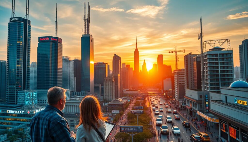A vibrant cityscape with towering skyscrapers, each representing a different telecom company's headquarters. In the foreground, a group of telecom engineers discussing career growth opportunities, their faces lit by the warm glow of holographic displays. The middle ground features busy streets bustling with telecom technicians, installers, and network administrators, showcasing the diverse roles within the industry. In the background, a stunning sunset illuminates the skyline, hinting at the global scale and endless possibilities of the telecom field. The scene is captured with a cinematic wide-angle lens, creating a sense of depth and grandeur.
