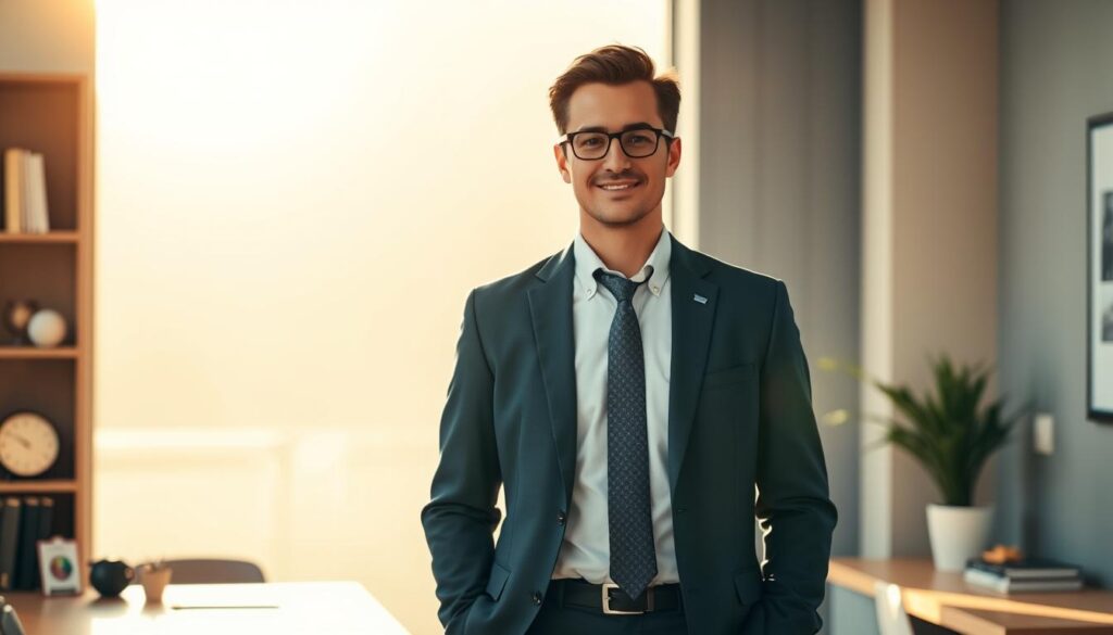A well-dressed professional standing confidently in a sunlit office, their experience and accomplishments reflected in a glowing aura. Subtle visual cues like industry-relevant objects, awards, and a sleek, minimalist backdrop convey their value and impact in the job market. The lighting is warm and directional, creating depth and highlighting the subject's poise and authority. The camera angle is slightly elevated, lending an air of distinction and competence. An overall atmosphere of success, expertise, and employability.