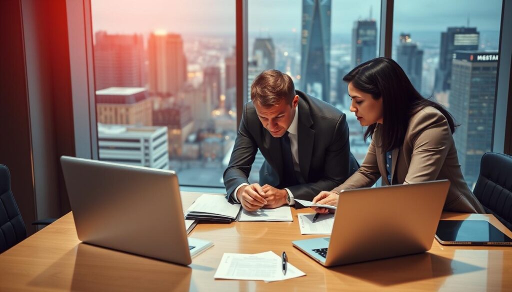 A well-lit business office setting, with a desk in the foreground featuring a laptop, paperwork, and a professional-looking person in a suit engaged in an intense discussion. The middle ground showcases two individuals, one in a suit and the other in business casual attire, leaning across the desk, their body language indicating a salary negotiation in progress. The background features a large window overlooking a bustling city skyline, conveying a sense of importance and high-stakes decision-making. The overall atmosphere is one of focused intensity, where the outcome of the negotiation could significantly impact the individual's career and financial future.
