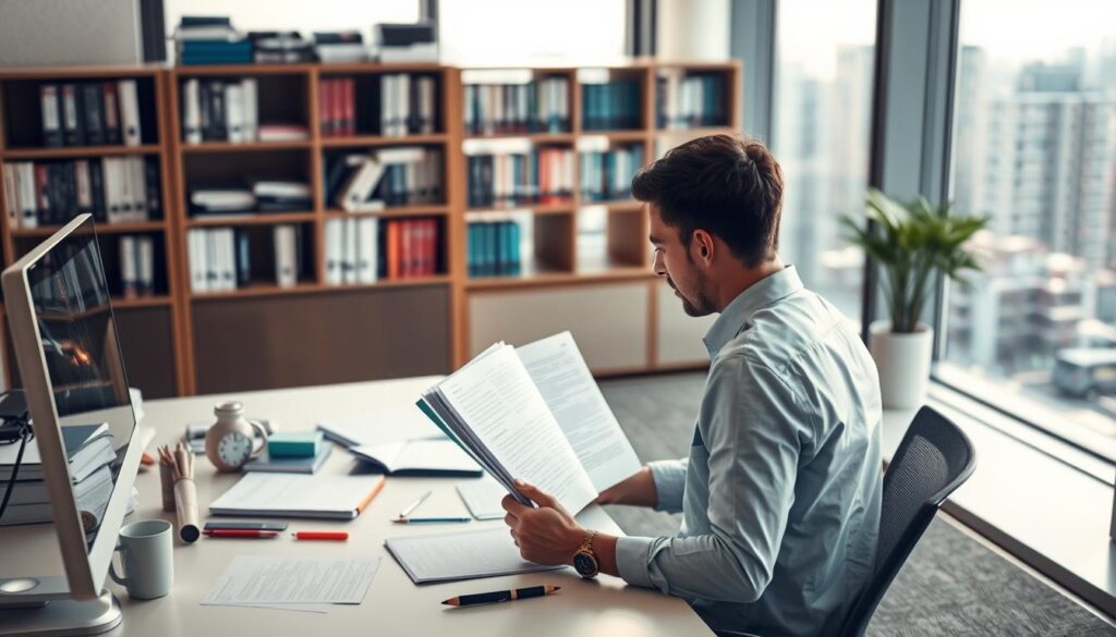 A well-lit office setting with a large desk, a computer monitor, and various office supplies. In the foreground, a job seeker reviews interview notes and prepares for their upcoming pharmaceutical industry interview. The mid-ground features a bookshelf stocked with medical and pharmaceutical textbooks, lending an air of professionalism. The background showcases a window with a cityscape outside, suggesting an urban, corporate environment. The lighting is soft and warm, creating a focused, productive atmosphere. The overall composition conveys a sense of diligence, preparation, and the determination to land a high-paying career in the pharmaceutical industry.