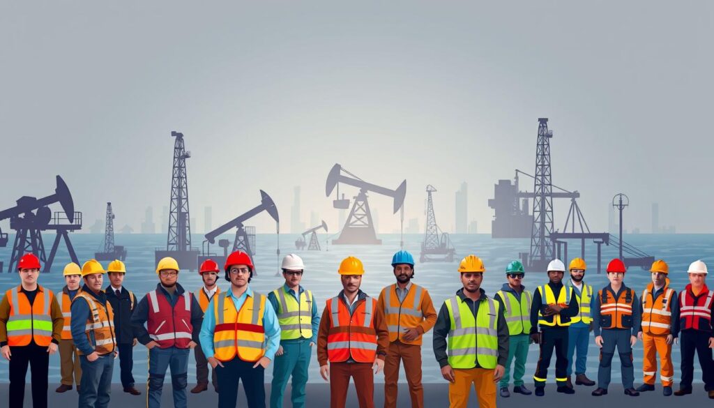 An illustration of various oil and gas job titles, presented in a clean, professional manner. The foreground features a diverse group of workers in hard hats, safety vests, and other industry-specific attire, each representing a distinct role such as Petroleum Engineer, Geologist, Rig Operator, and Refinery Technician. The middle ground showcases silhouettes of oil rigs, pipelines, and other industry infrastructure, while the background depicts a subtle gradient of blues and grays, evoking the offshore environment. The lighting is soft and directional, creating depth and highlighting the details of the workers and equipment. The overall atmosphere is one of expertise, efficiency, and the importance of the oil and gas industry.