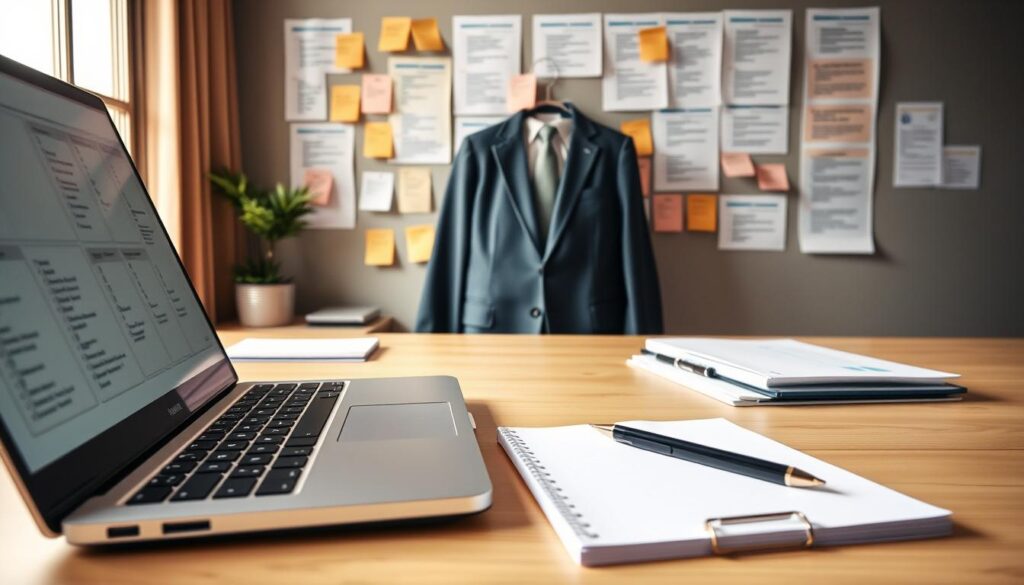 Bright, crisp interview preparation tips displayed on a neatly organized desk. A laptop, pen, and notepad in the foreground, with a professional suit jacket and folder in the middle ground. In the background, a wall covered in sticky notes and checklists, illuminated by warm, natural lighting from a large window. The overall atmosphere is one of focused preparation and attention to detail, conveying a sense of confidence and readiness for the upcoming interview.