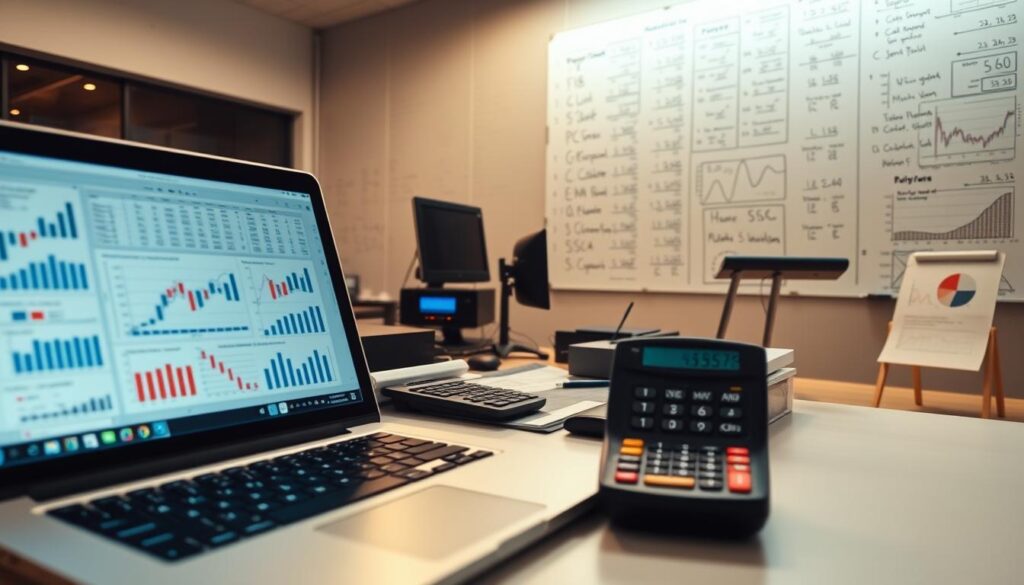 Detailed financial modeling techniques unfold across a sleek, modern workspace. In the foreground, a laptop displays complex financial calculations, with charts and graphs meticulously arranged. The middle ground features an array of analytical tools, including spreadsheets, financial data terminals, and calculators, all bathed in a warm, focused lighting. In the background, a large whiteboard showcases intricate formulas and projections, reflecting the depth of knowledge required for proficient financial modeling. The scene conveys a sense of precision, diligence, and the intellectual rigor needed to master this essential business skill.