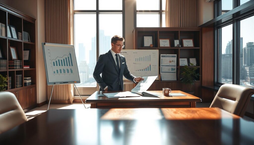 Prompt An elegant office interior with natural lighting streaming through large windows. In the foreground, a well-dressed accountant is standing at a mahogany desk, reviewing financial reports. Behind them, a whiteboard displays growth charts and salary benchmarks. The middle ground features shelves of accounting books and framed certificates. In the background, the cityscape is visible through the windows, reflecting the accountant's professional success. The scene conveys a sense of expertise, ambition, and the strategies needed to achieve career and financial growth.